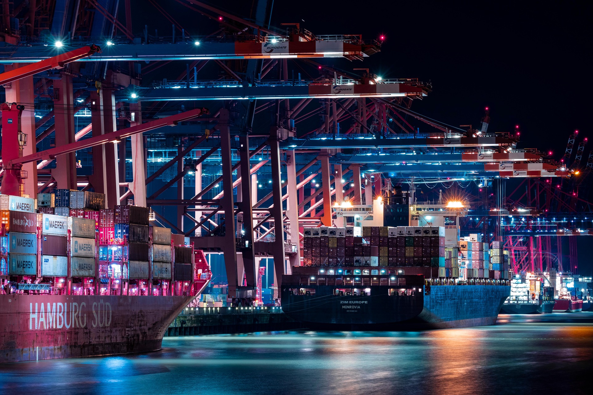 Container terminal and cranes at night